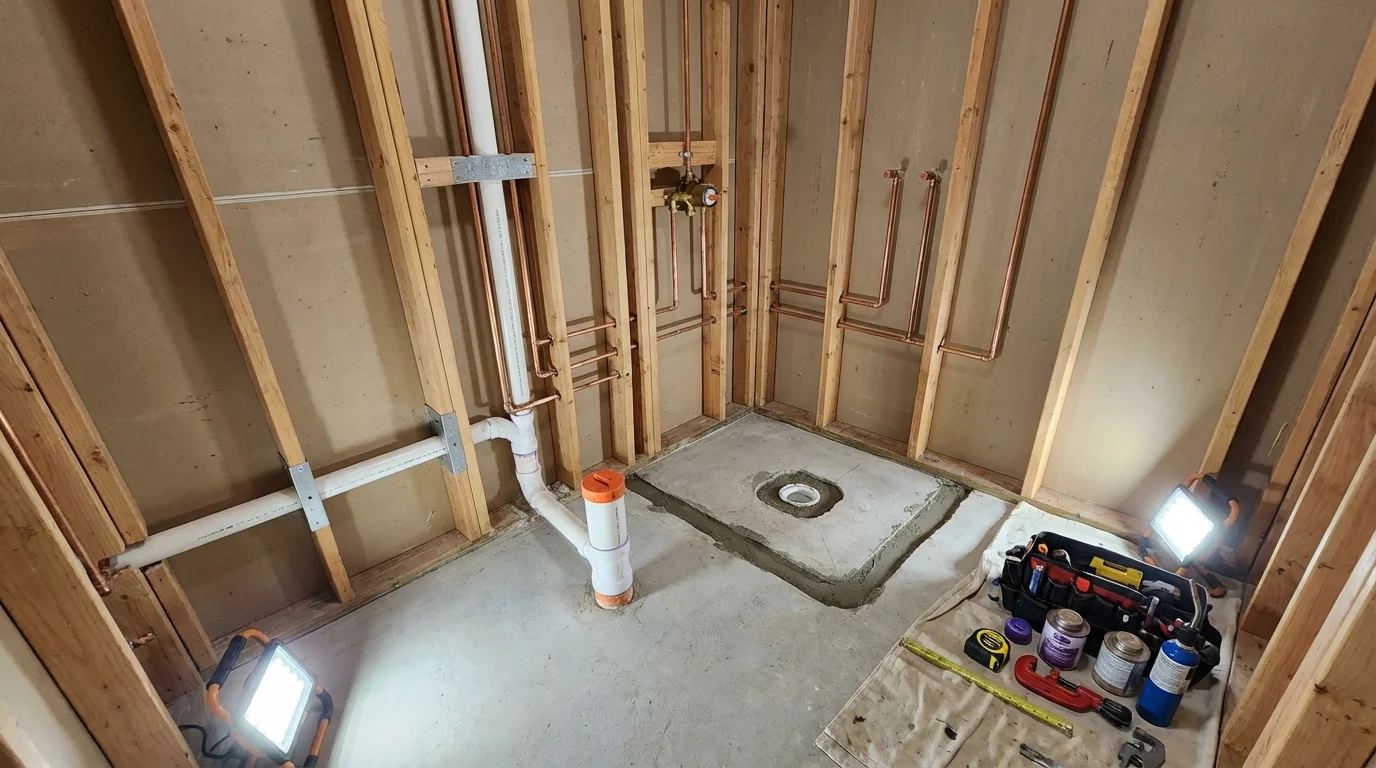 Bathroom rough-in plumbing during remodel by Johns Plumbing LLC in Lubbock