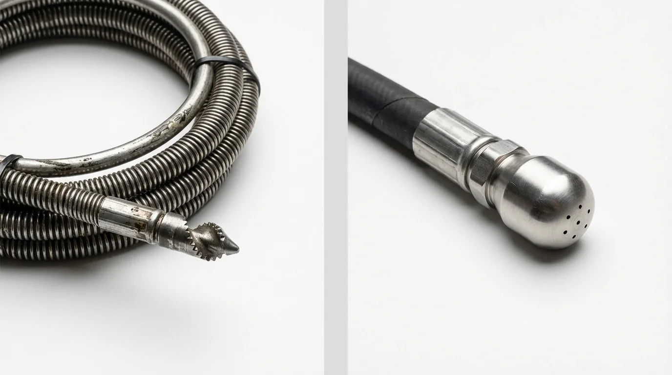 Drain snake cable and hydro jetting nozzle used for drain cleaning in Lubbock, TX