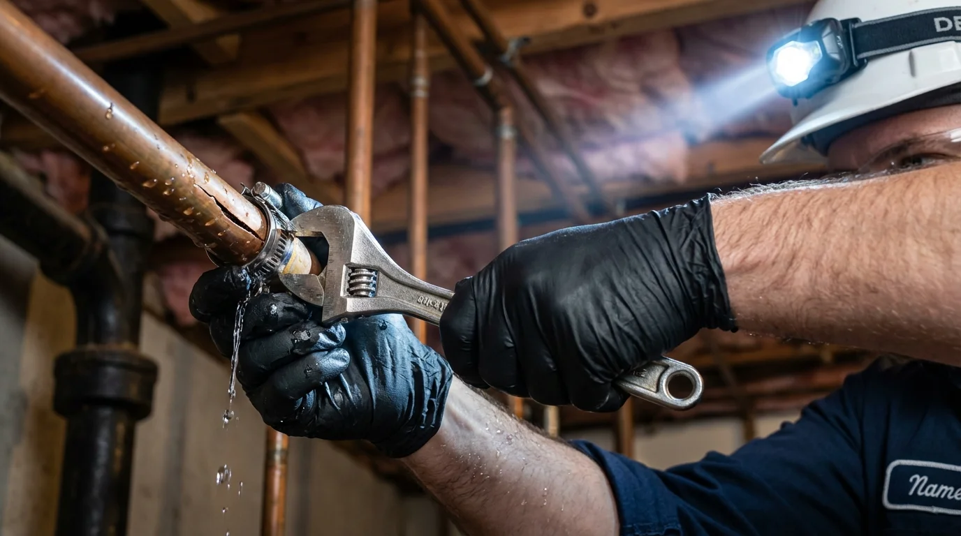 Emergency pipe clamp repair being performed by a Johns Plumbing LLC plumber in Lubbock