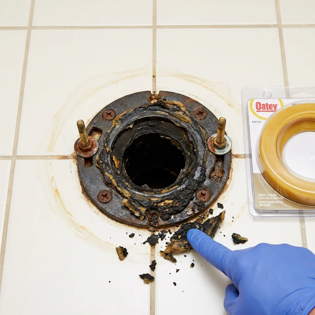 Failed wax ring showing water seepage at the base of a toilet in a Lubbock, TX home