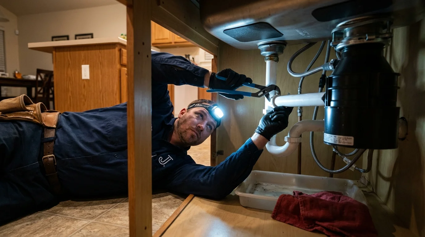 P-trap and supply line connections under a kitchen sink showing a common leak point in Lubbock, TX